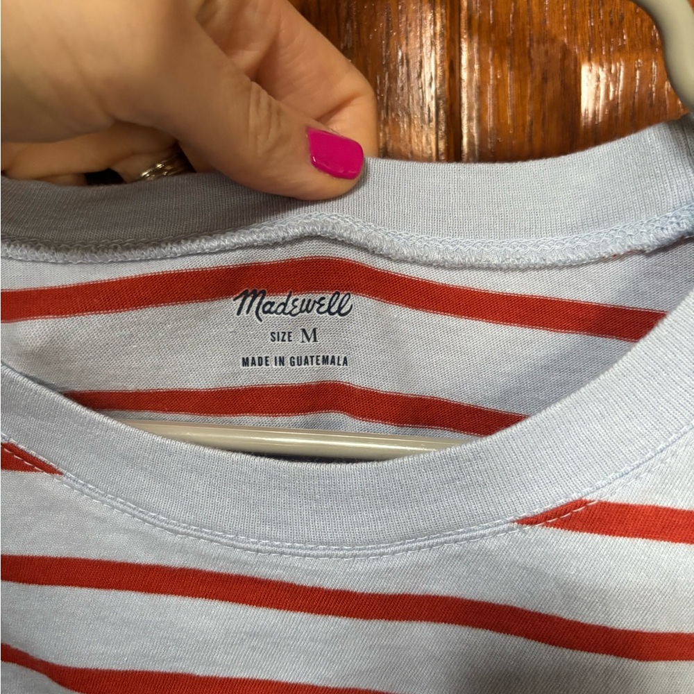 Madewell Short Sleeve Stripe Tee in Light Blue, Red & Olive - Picture 2 of 3